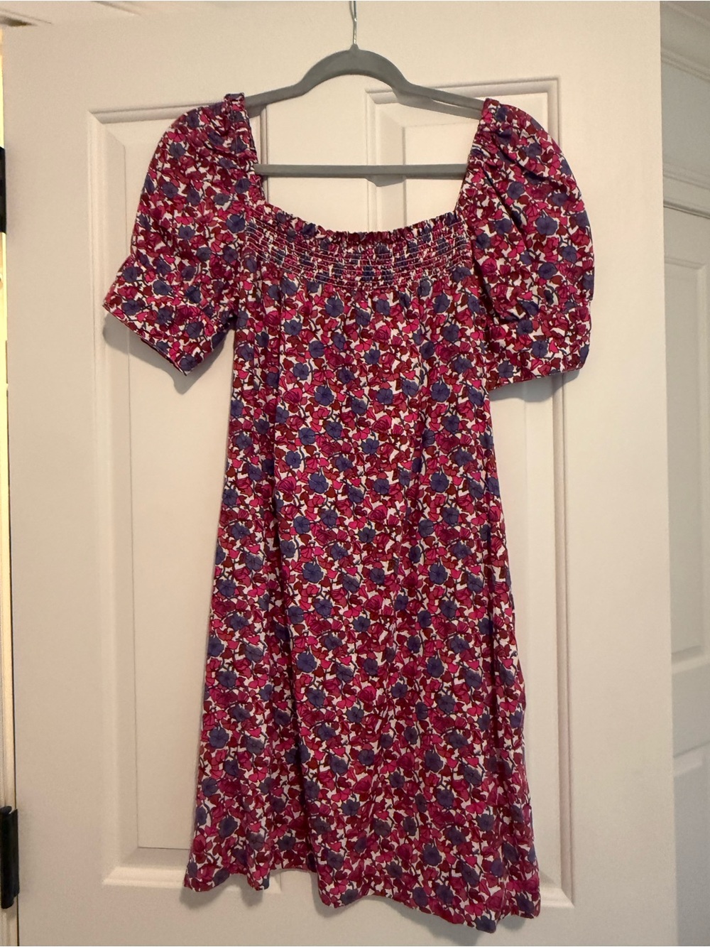 J. Crew Pink and Blue Floral Smocked Puff-Sleeve Dress